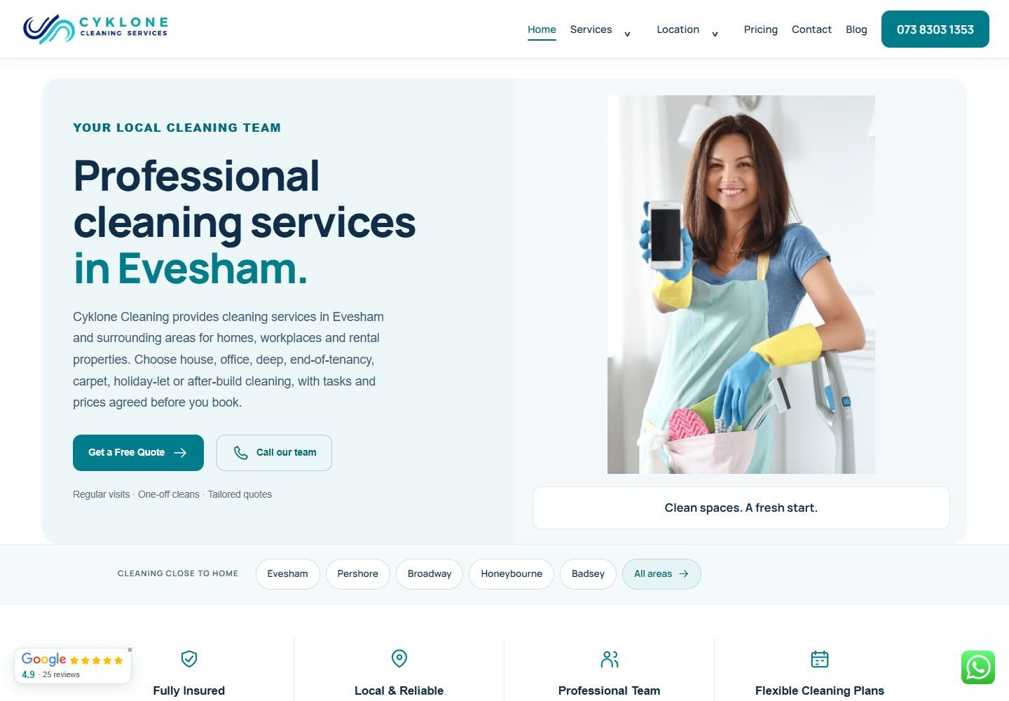 Cyklone Cleaning homepage, featuring cleaning services in Evesham.