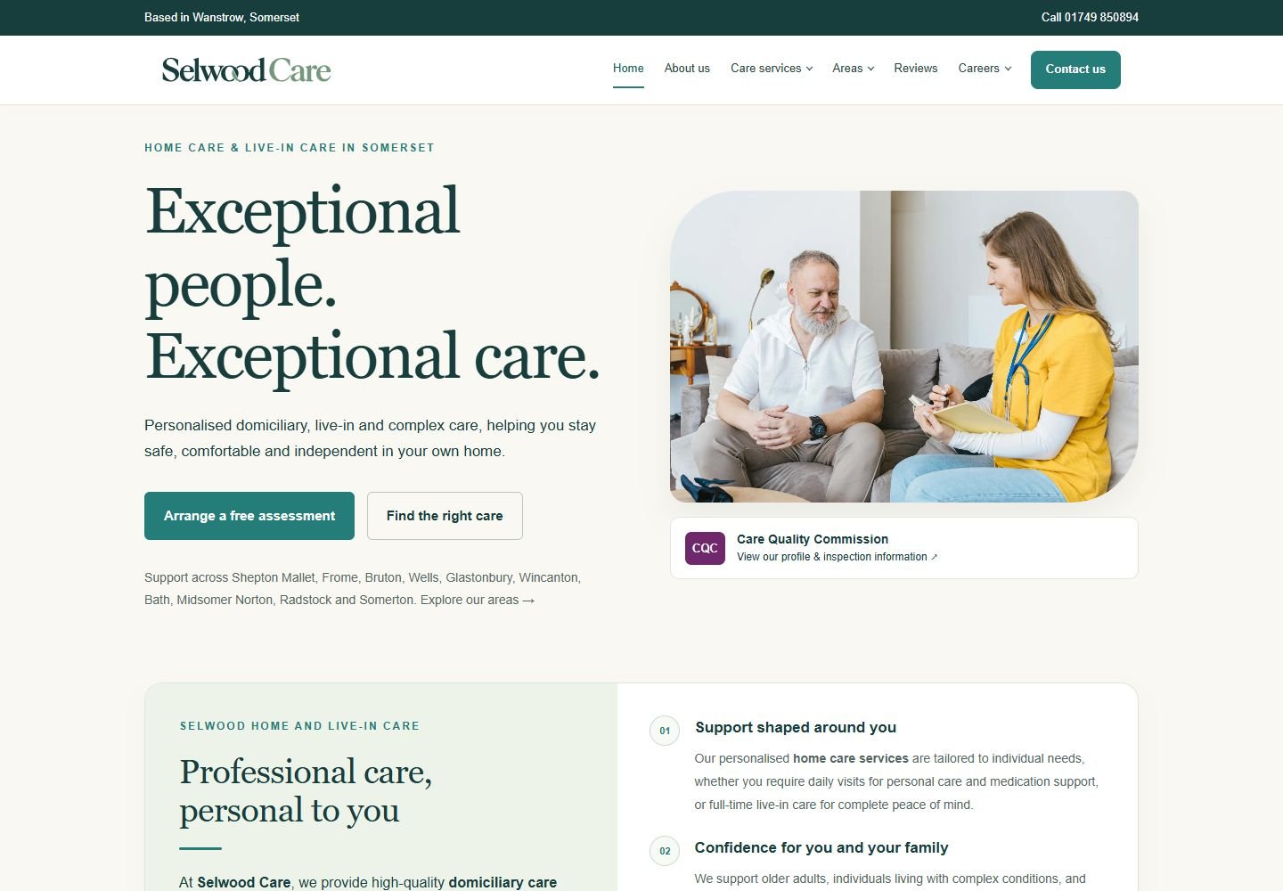 Selwood Care homepage, featuring Exceptional people. Exceptional care.