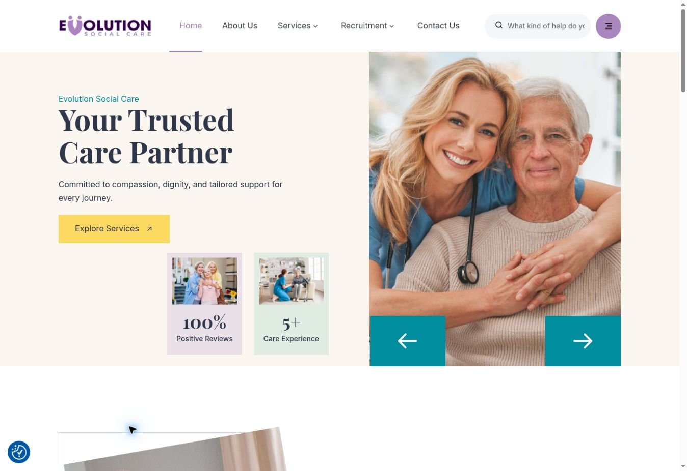 Evolution Social Care homepage screenshot